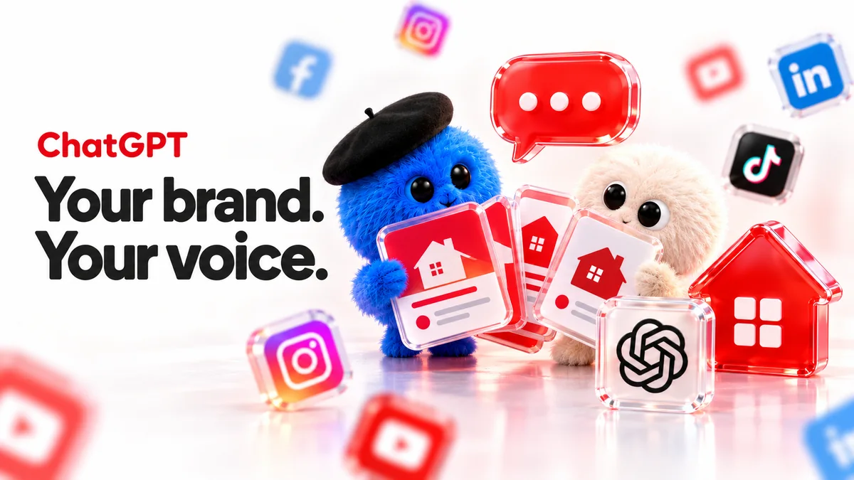 ChatGPT characters choosing matching real estate post cards beside a red speech bubble, captioned Your brand. Your voice.