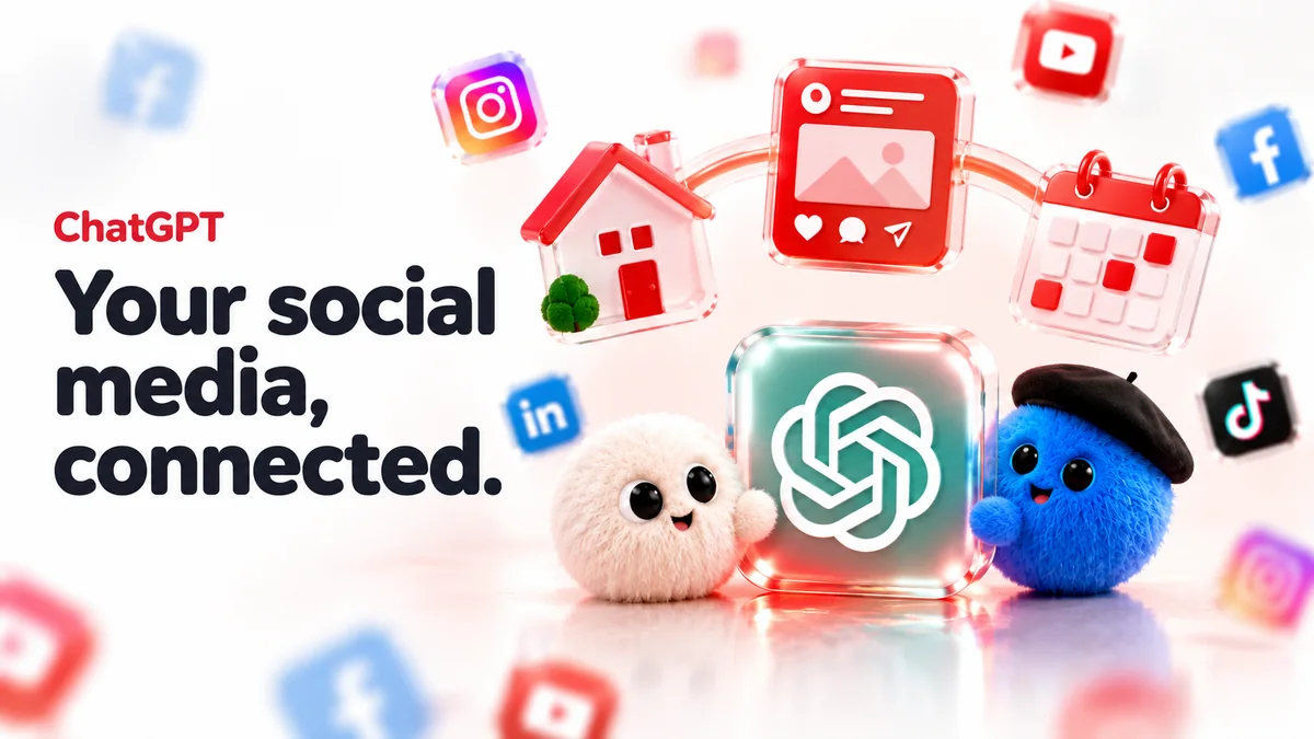 ChatGPT characters beside connected glass house, social post and calendar tiles, captioned Your social media, connected.