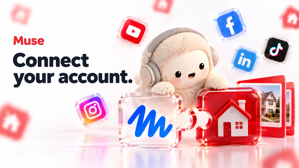 Muse mascot joining red-and-clear connector pieces between its logo tile and real estate content, captioned Connect your account.