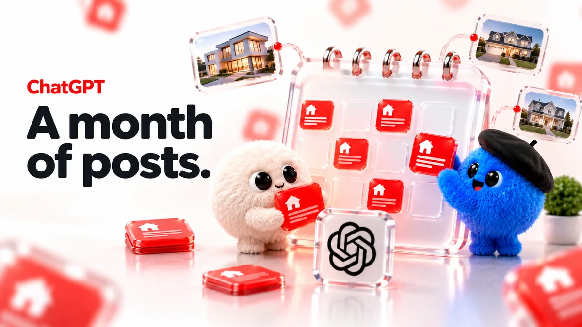 ChatGPT characters arranging property post tiles on a glass calendar, captioned A month of posts.