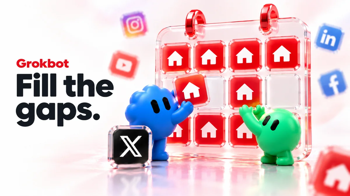 Grokbot geometric characters adding a red property-post tile to an empty calendar slot, captioned Fill the gaps.
