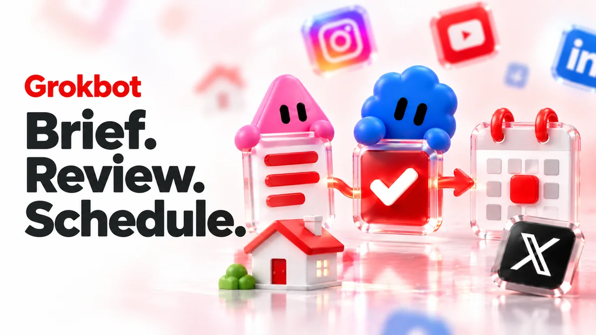 Grokbot characters guiding a brief card through a checkmark to a calendar, captioned Brief. Review. Schedule.