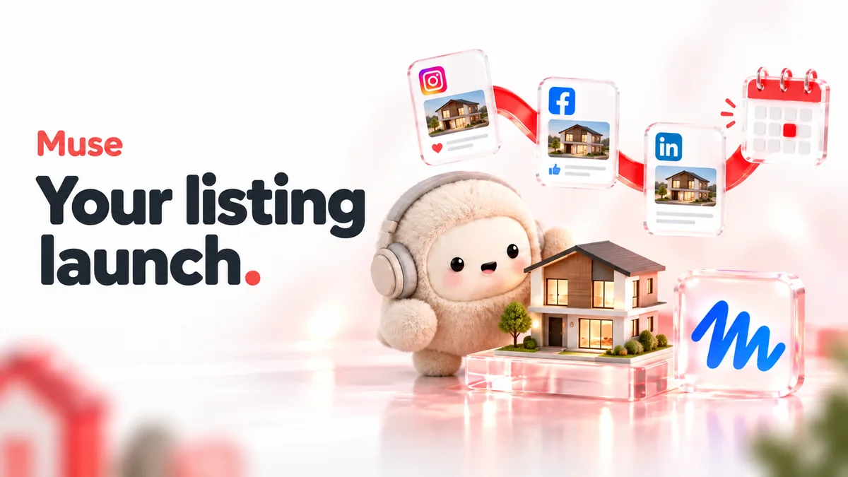 Muse mascot planning a miniature property's launch through post cards and a calendar, captioned Your listing launch.