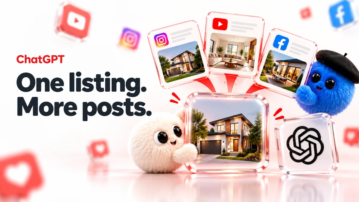 One miniature property becoming three social post cards beside ChatGPT characters, captioned One listing. More posts.
