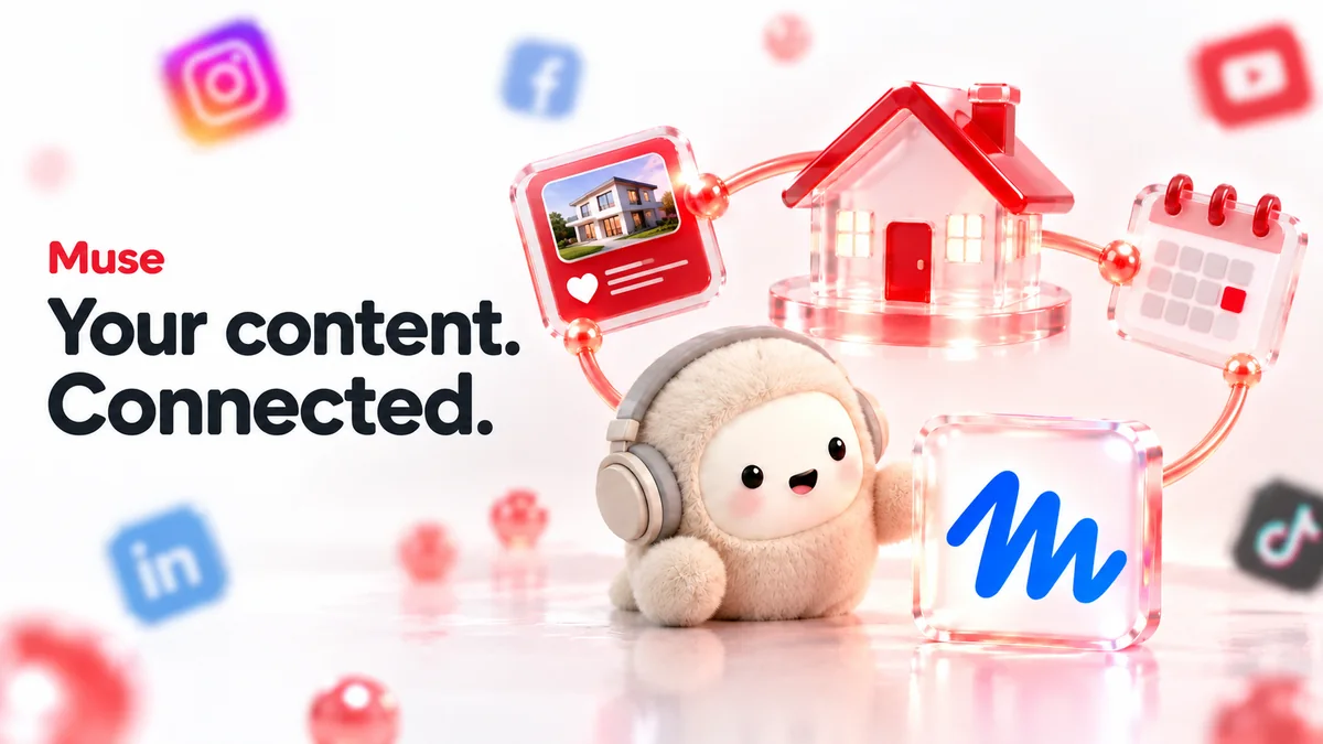 Muse mascot beside connected glass property, content and calendar objects, captioned Your content. Connected.