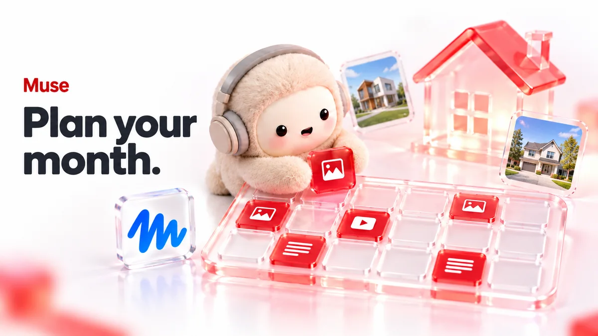 Muse mascot organizing red post tiles on a glass monthly calendar, captioned Plan your month.