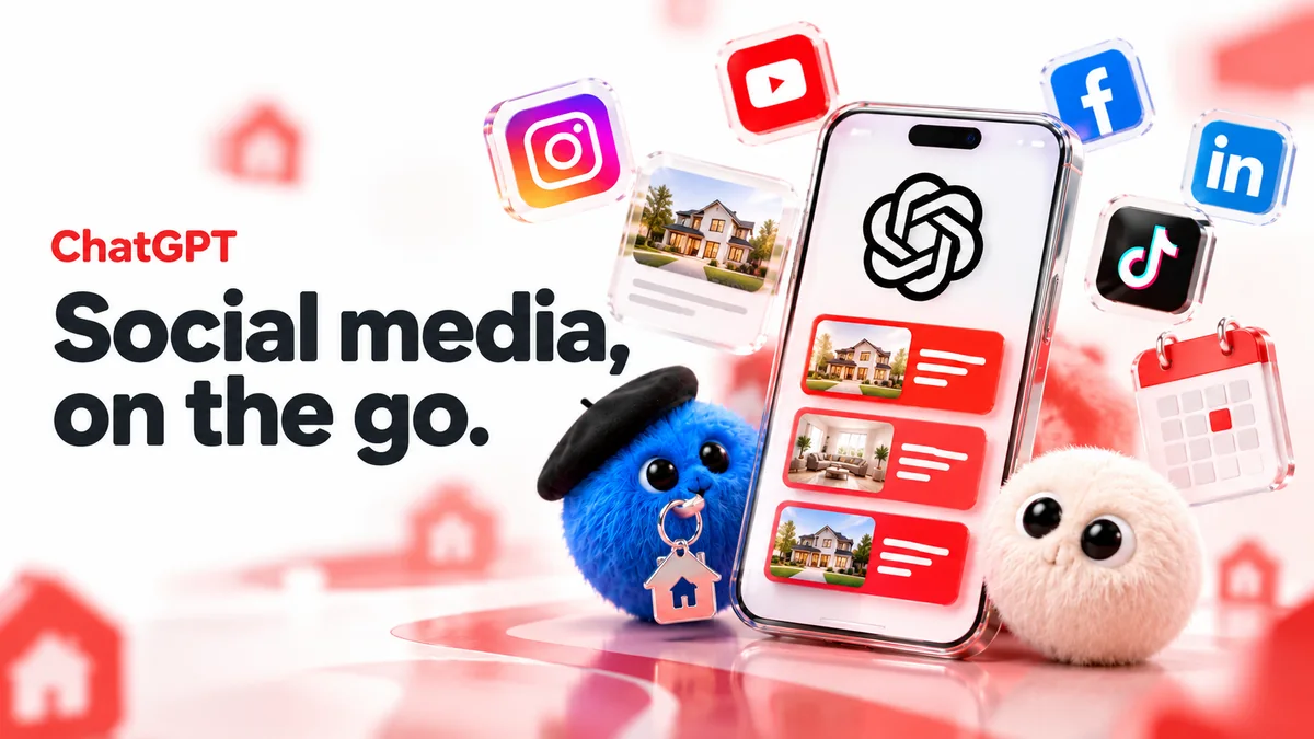 ChatGPT phone illustration with fuzzy characters, a property card and calendar tile, captioned Social media, on the go.