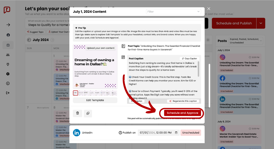 Schedule and approve posts on realestatecontent.ai