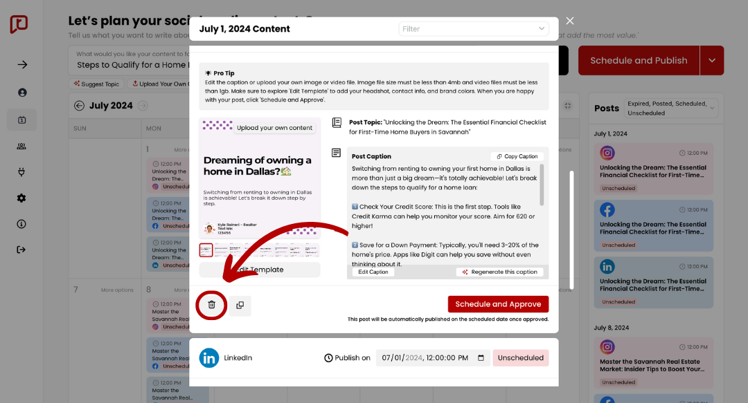 Delete posts from AI social media calendar realestatecontent.ai