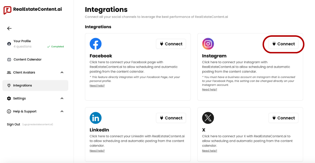 Connect instagram on realestatecontent.ai for realtors real estate social media