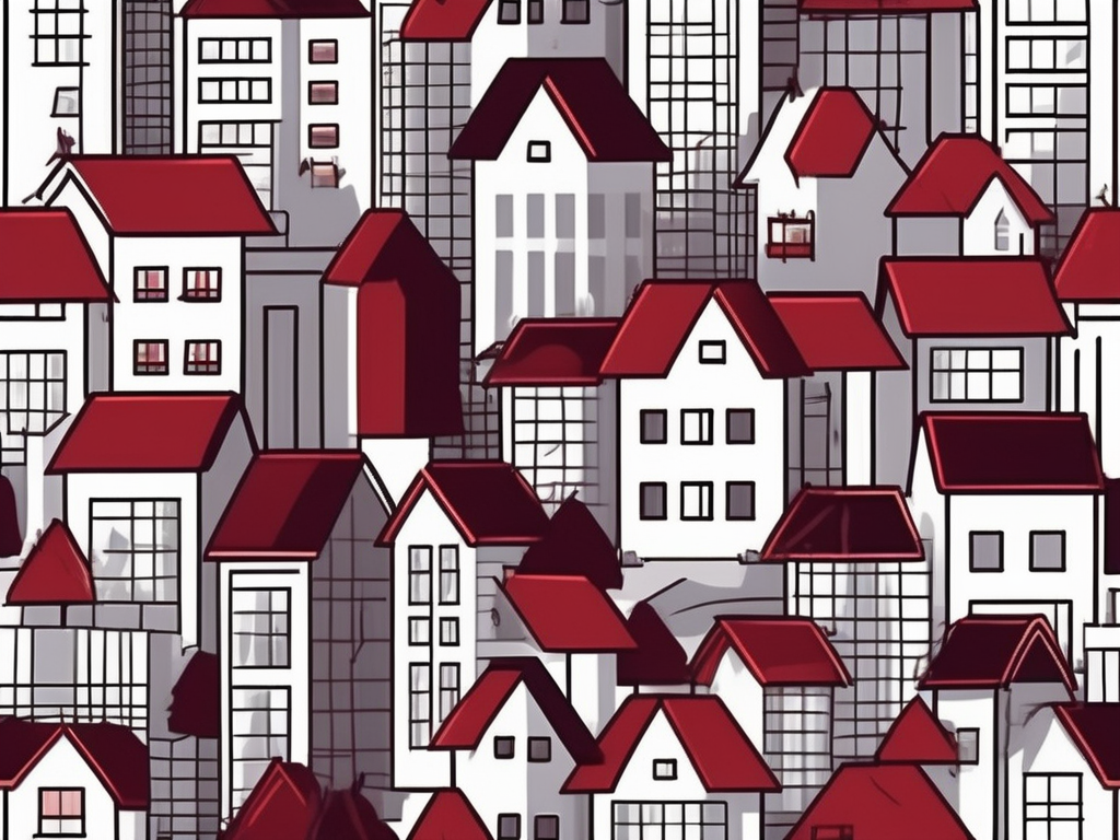 A compact cityscape with various types of real estate properties