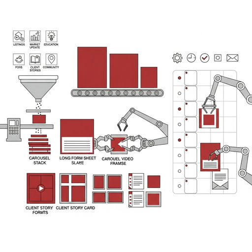 Infographic showing a real estate content framework: define pillars, plan monthly focus, batch creation, repurpose, schedule and automate for consistency