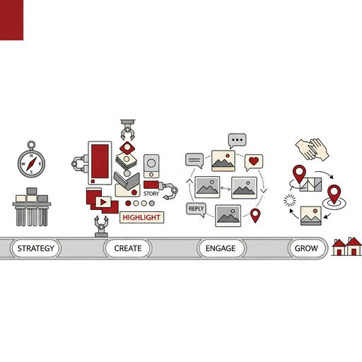 Infographic showing four-stage Instagram framework for real estate: strategy, content types, engagement, and growth