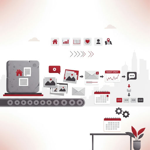 Infographic showing a real estate content framework: define pillars, plan monthly focus, batch creation, repurpose, schedule and automate for consistency