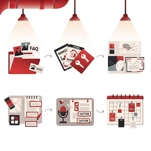 Visual overview of the five-step, two-hour real estate content batching system with icons: audit assets, pick templates, batch write, design once, schedule