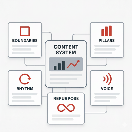 Infographic preview of the 7-step balance system for real estate agents: boundaries, pillars, weekly rhythm, low-risk formats, voice, engagement, and repurposing