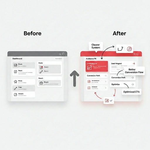Infographic showing six steps: Audience and Offer, Platform Formats and Hooks, Lead Magnet and CTA, Conversion Path and Tracking, Repurpose for Reach, Optimize with Data