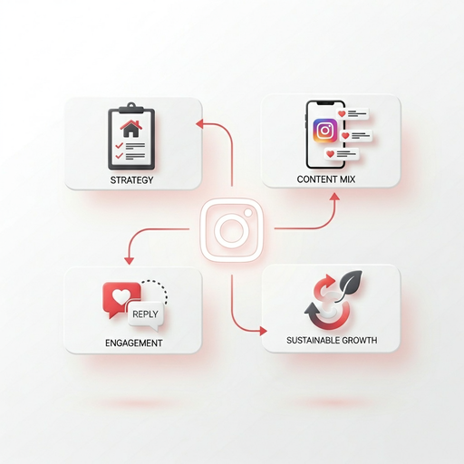 Instagram growth framework for real estate agents showing strategy, content mix, engagement rhythm, and sustainable growth system