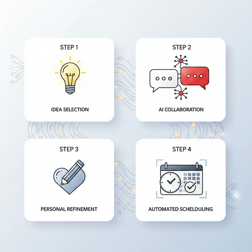 Infographic: four-step weekly AI workflow for real estate agents — choose theme, generate posts with AI, personalize, schedule