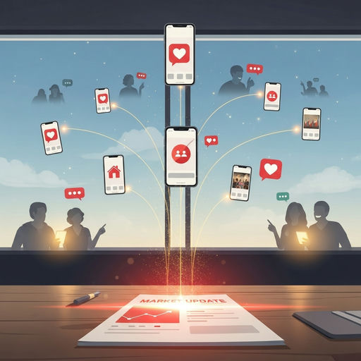 Real estate agent presenting a clean, share-worthy market update carousel with charts and local photos on a laptop