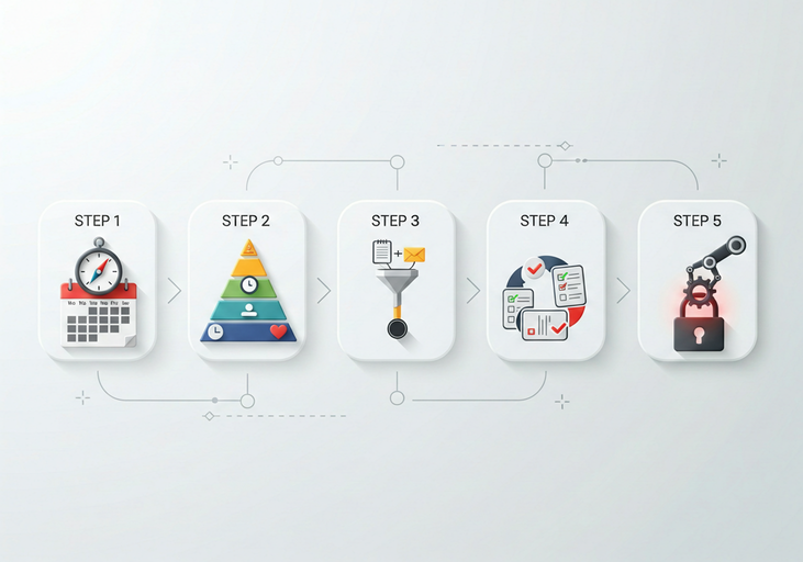 Infographic preview of the 5-step productivity system for real estate agents: Anchor Blocks, Priority Framework, Capture and Triage Hub, Repeatable Workflows, Automate and Guardrail
