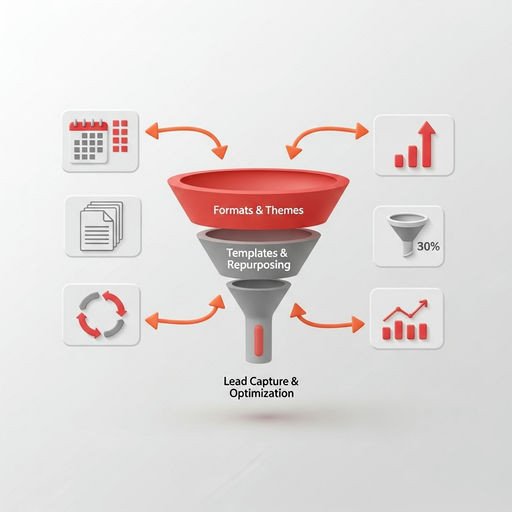Infographic preview of the real estate 3x3 lead content system showing choose formats, build templates, repurpose one asset, add lead paths, schedule, measure and optimize
