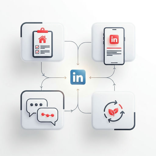 Infographic preview showing seven steps for LinkedIn success: profile optimization, content rhythm, repurposing, targeted networking, daily engagement, lead offers, measurement