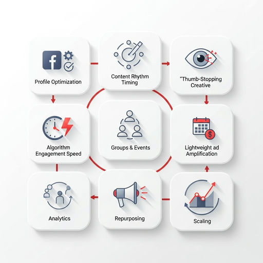 Infographic preview outlining the 7 steps: optimize page, weekly rhythm, native creative, first-hour engagement, groups and events, lightweight ads, measure and repurpose