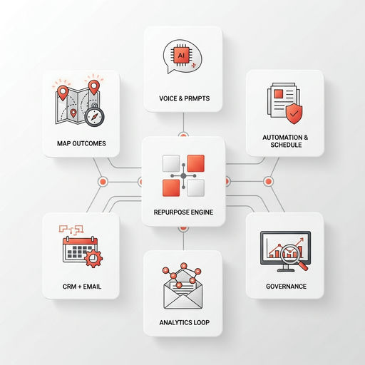 Infographic preview outlining seven steps of an AI-powered real estate marketing stack: goals, creation, repurposing, scheduling, CRM, analytics, governance