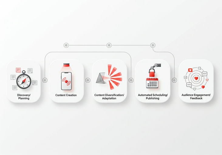 Infographic outlining the 5-step 60 minute per week system for busy real estate agents: choose focus, create core asset, repurpose, schedule, engage