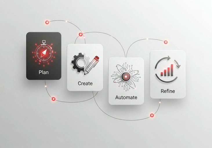 Infographic preview showing 7 steps for a year-long real estate content system: audit, pillars, annual calendar, monthly themes, repurpose workflow, distribution, measure and optimize