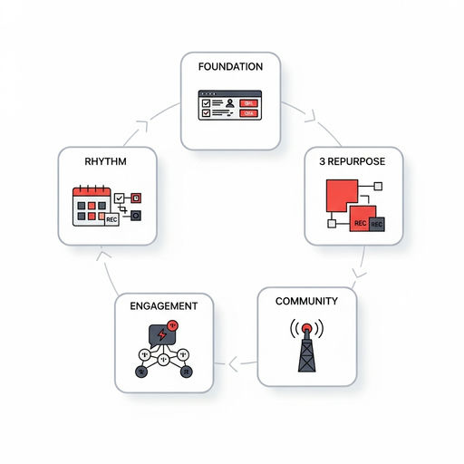 Infographic preview of the 6-step market update system: pick the story, build the visual, write the conversation, repurpose, schedule, measure