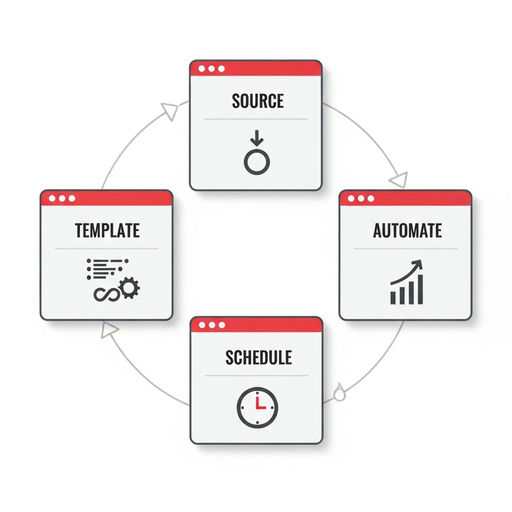 Infographic preview of 7-step real estate content automation: Core Source to Clips, Writing, Design, Scheduling, Measurement, and Maintenance