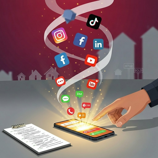 Agent planning real estate lead generation content calendar, repurposing listing video into social posts on phone and laptop