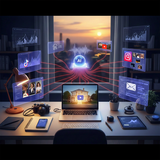 AI tools connected around a house icon showing an AI-powered real estate marketing stack for agents