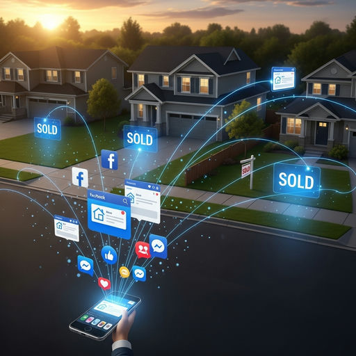 Real estate Facebook marketing strategy cover image with agent planning content calendar, listing photos, and ads dashboard